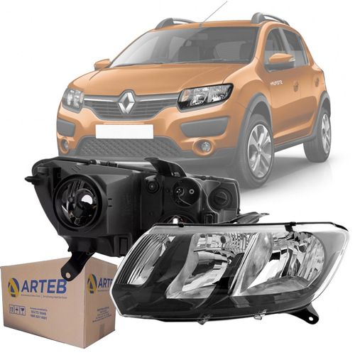 FAROL ORIGINAL SANDERO STEPWAY 2015 A 2018 LADO ESQUERDO FOCO DUPLO MASCARA NEGRA ARTEB