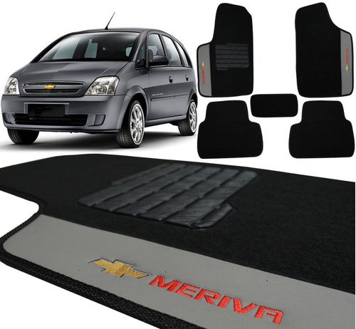 Jogo de Tapetes Carpete Chevrolet Meriva 2002 a 2012 Preto Bordado 5 Peças
