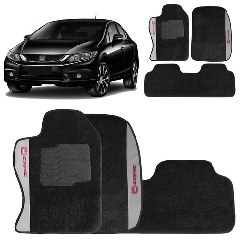 Jogo De Tapetes Carpete  New Civic 2014 a 2016 Preto Bordado 3 Peças