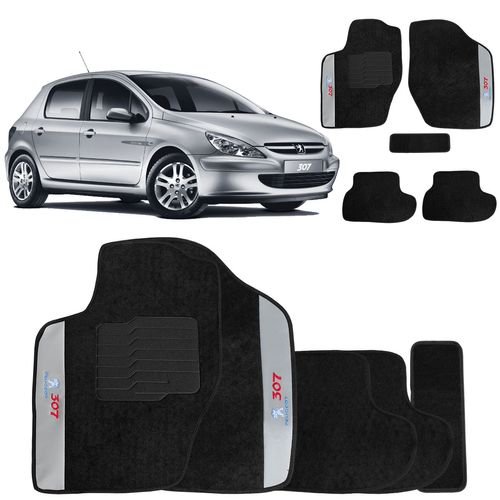 Jogo de Tapetes Carpete Peugeot 307 2002 a 2012 Preto Bordado