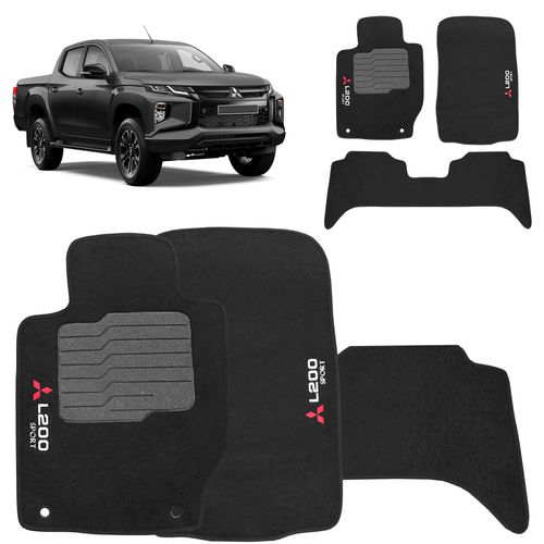 Jogo de Tapete Carpete L200 Triton Sport 2017 a 2024 Preto 3 Peças