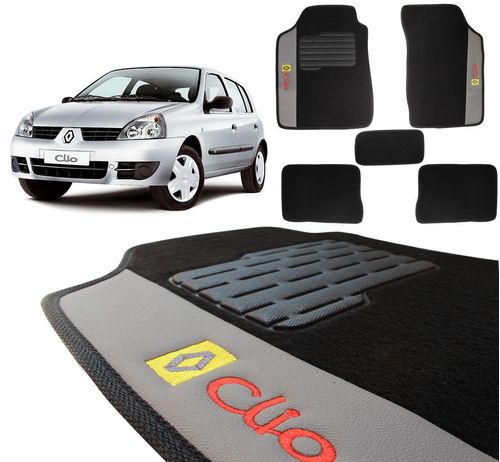 Jogo de Tapetes Carpete Renault Clio 1999 a 2012 Preto Bordado 5 Peças