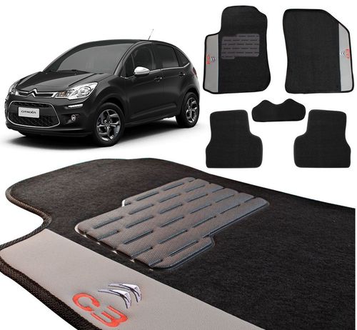 Jogo de Tapetes Carpete Citroen C3 2013 a 2019 Preto Bordado 5 Peças
