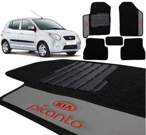 Jogo de Tapetes Carpete Kia Picanto 2006 a 2010 Preto Bordado 5 Peças