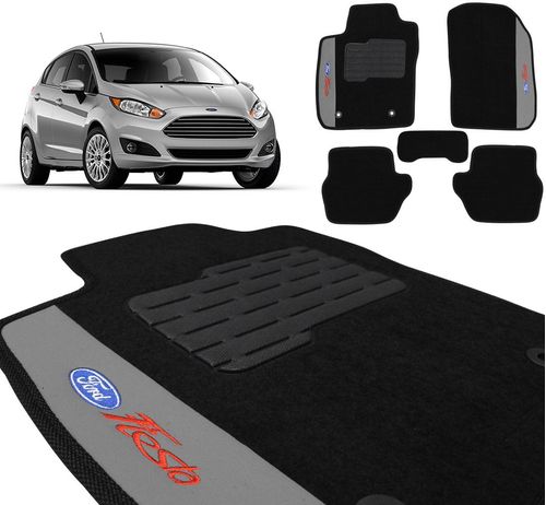Jogo de Tapetes Carpete New Fiesta 2014 a 2015 Preto Bordado 5 Peças
