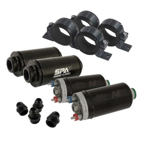 2 Bombas elétricas combustível externa 14BAR PLUS + 2 FILTROS de COMBUSTÍVEL LAVÁVEL UNIVERSAL - MANGUEIRAS 1/2" + 2 SUPORTES DUPLOS
