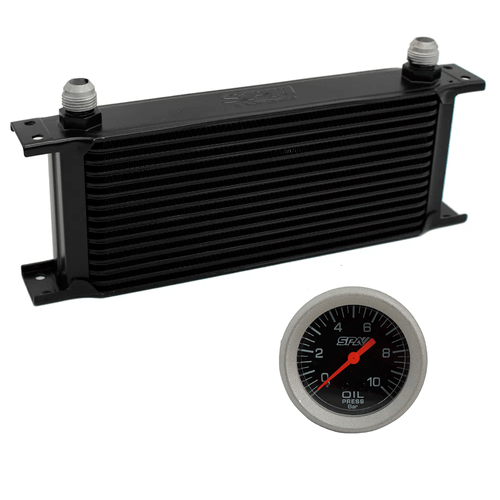 RADIADOR DE ÓLEO UNIVERSAL SPA 10AN - 285MM X 111MM X 50MM + Manômetro de Pressão de Óleo 10 Bar 52mm