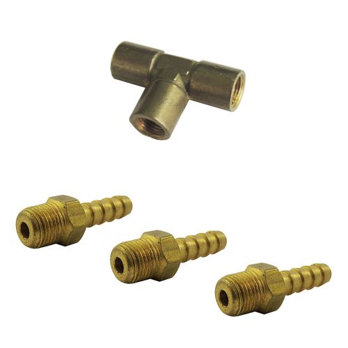 Conexão T 1/8 NPT em latão + Conexão T 1/8 NPT em latão + 3 Espigão 1/8 Npt X 6mm