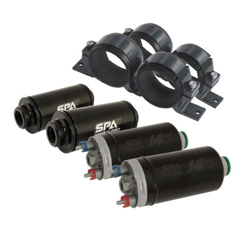 2 Bombas elétricas combustível externa 14 BAR PLUS + 2 FILTROS DE COMBUSTÍVEL LAVÁVEL UNIVERSAL - MANGUEIRAS 1/2" + 2 SUPORTES DUPLOS