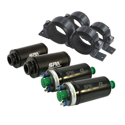 2 Bombas elétrica combustível externa 9 BAR + 2 FILTROS COMBUSTÍVEL LAVÁVEL UNIVERSAL - MANGUEIRAS 1/2" + 2 SUPORTES DUPLO