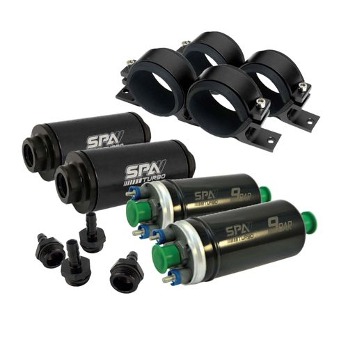 2 Bombas elétrica combustível externa 9 BAR + 2 Suportes duplo + 2 Filtros + 2 PAR NIPLES ALUMÍNIO PRETO BILLET 10AN PARA