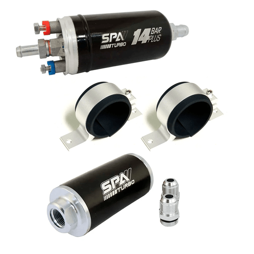 BOMBA ELÉTRICA COMBUSTÍVEL EXTERNA 14BAR PLUS + 2 SUPORTES SIMPLES ALUMÍNIO + FILTRO COMBUSTÍVEL LAVÁVEL UNIVERSAL - CONEXÕES 10AN
