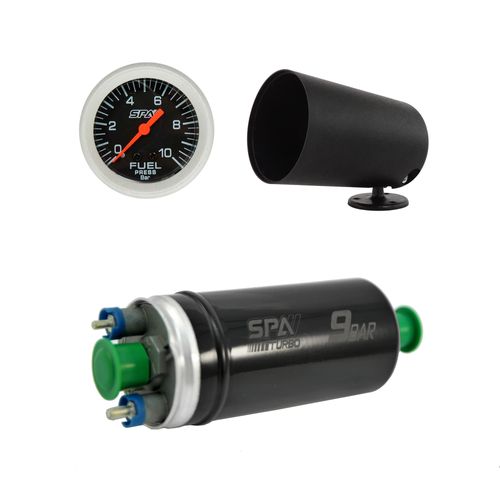 Bomba elétrica combustível externa 9 BAR + Suporte instrumento 52mm giratório 360° SPA Orbital com Manômetro Pressão Combustível 10 Bar  52 mm