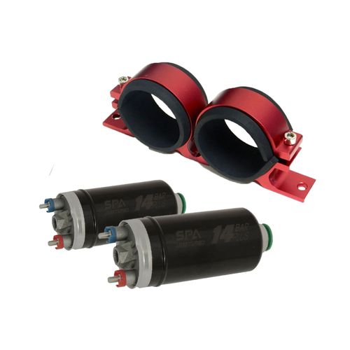 2 Bombas elétricas de combustível externa 14bar PLUS + Suportes duplos para bomba ou filtro de combustível em alumínio