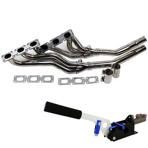 Kit Bimmer Aspro: Coletor de Escapamento 6x2 em Aço Inox Polido para BMW E34/E36 Americana/Alemã+Alavanca de Freio de Mão Hidráulico