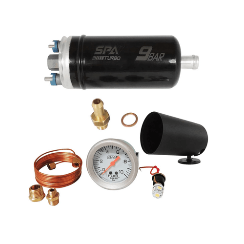 Bomba elétrica de combustível externa 9 BAR + MANÔMETRO PRESSÃO DE COMBUSTÍVEL 10 BAR 52 MM com suporte