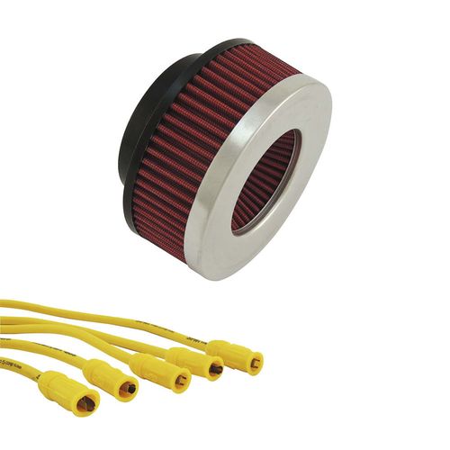 Filtro de ar duplo fluxo para carburador 2E / 3E (92mm) + Cabo de vela de silicone 10.4mm SPA para VW AP SEM pino - Amarelo/Amarelo