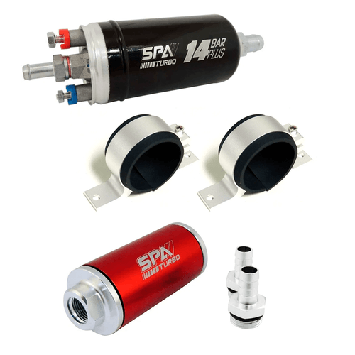 BOMBA ELÉTRICA COMBUSTÍVEL EXTERNA 14BAR PLUS + 2 SUPORTES SIMPLES ALUMÍNIO + FILTRO DE COMBUSTÍVEL LAVÁVEL UNIVERSAL - MANGUEIRAS 1/2"