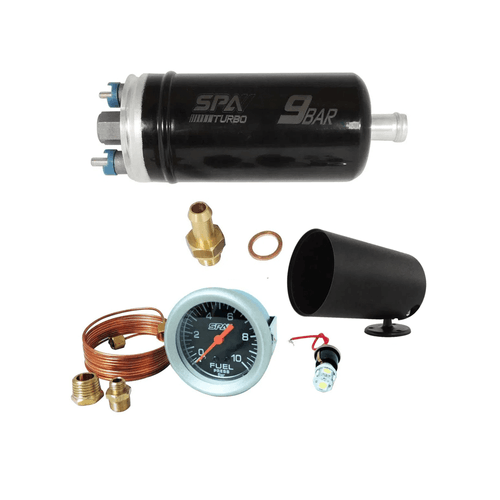 Bomba elétrica de combustível externa 14 BAR + MANÔMETRO PRESSÃO DE COMBUSTÍVEL 10 BAR 52 MM com suporte