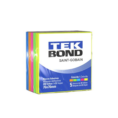 Bloco De Notas Adesivo - 7,6Cm X 7,6Cm - 5 Cores Fluorescentes - 90 Folhas De Cada Cor - Tekbond