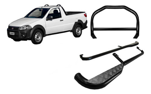 Kit Quebra Mato+estribo Chapa Preto Fiat Strada 2014 A 2020