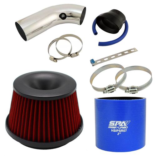 Kit tubo de admissão de ar 3" x 3" + Filtro de ar Power Intake 75mm Lavável + Abraçadeiras rosca sem fim 3"