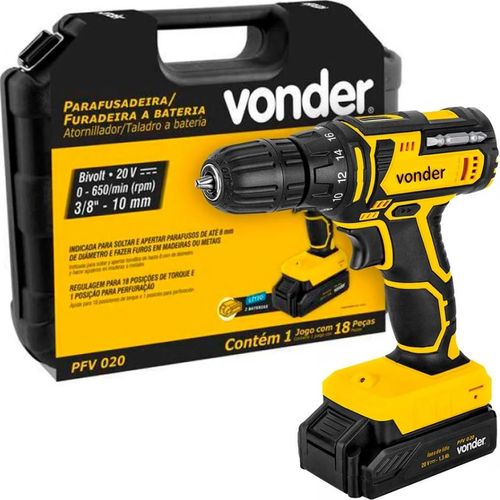 Parafusadeira Furadeira a Bateria 20v PFV 020 Bivolt 3/8" com Carregador Vonder