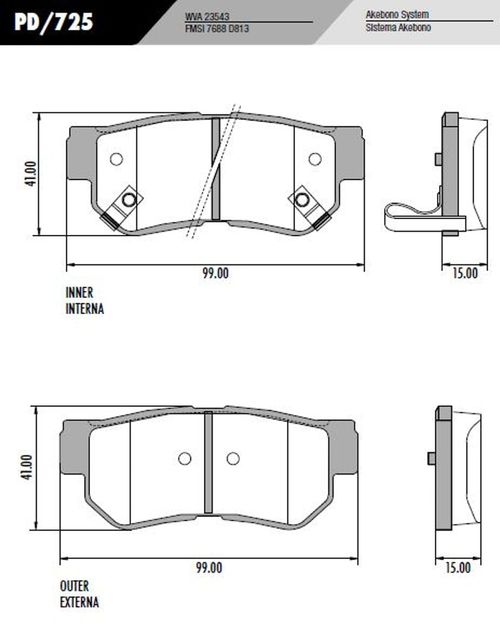 Pastilha de freio traseiro pd725 azera elantra tucson sportage actyon / UN / Frasle