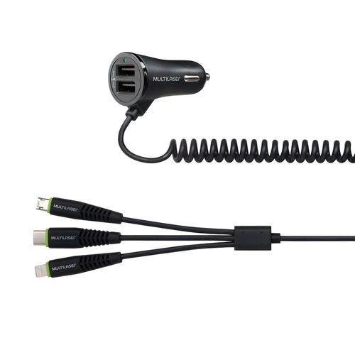 Carregador Automotivo 3 em 1 Type C + IPhone + Micro USB com 2 Portas USB 3,4A Preto Multilaser - CB140