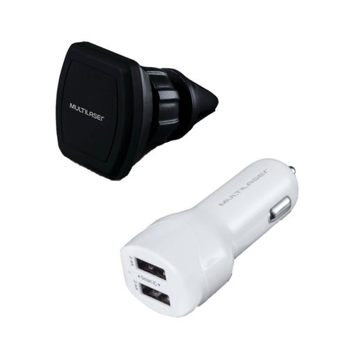 Combo Car - Carregador Automotivo 2 Portas Usb Branco e Suporte Universal Magnético Veicular Para Smartphone Multilaser - AC313K