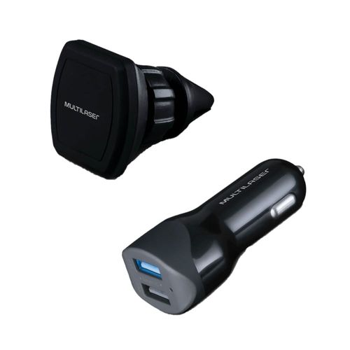 Combo Car - Suporte Universal Magnético Veicular Para Smartphone C/ Entrada De Ar e Carregador Automotivo 2 Portas Usb Preto Multilaser - CB114K