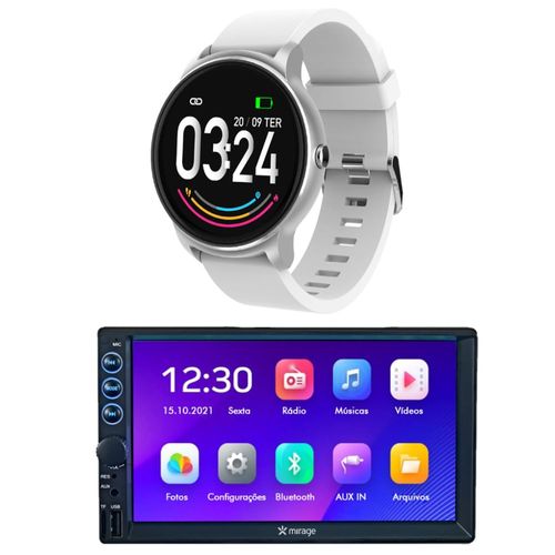 Combo Tech - Central Multimidia 7 Pol, Mirror Link Mirage e Relógio Smartwatch Viena Prata Android/iOS - GP350K