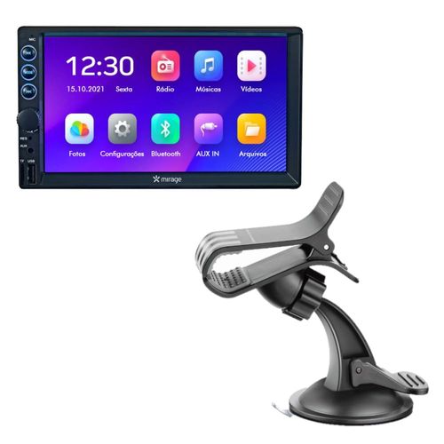 Combo Car - Central Multimidia 7 Pol. Mirror Link Mirage e Suporte Universal Multilaser Com Clipe Para Smartphone Preto - AC178K