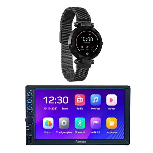 Combo Car - Central Multimidia 7 Pol. Mirror Link e Relógio Smartwatch Paris Android/iOS Preto Atrio - ES267K