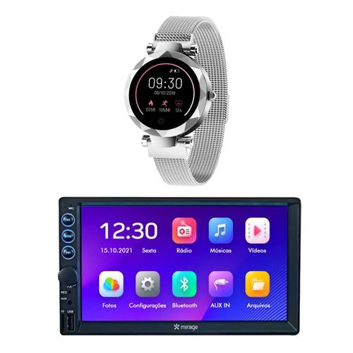 Combo Car - Central Multimidia 7 Pol. Mirror Link e Relógio Smartwatch Paris Prata Android/iOS - ES384K