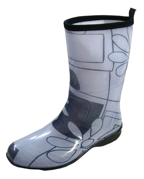 Bota Galocha Borracha Feminina Flores Branco C/ Preto