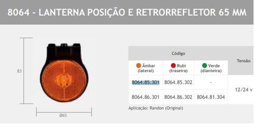 LANTERNA LATERAL LED RANDON C/ SUPORTE (65MM) C/ PLUG AM