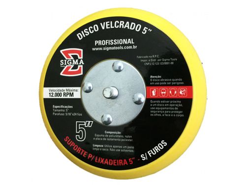 SUPORTE PARA LIXADEIRA DISCO VELCRADO 5 POLEGADAS SEM FUROS SIGMA TOOLS