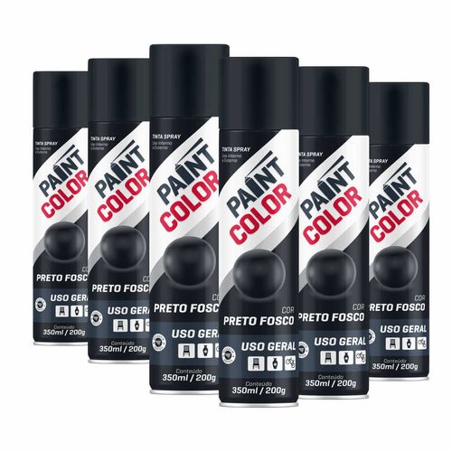 Tinta Spray Paintcolor Uso Geral Preto Fosco 350ml - 6 Peças