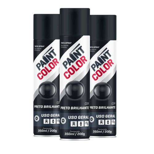 Tinta Spray Paintcolor Uso Geral Preto Brilhante 350ml - 3 Peças