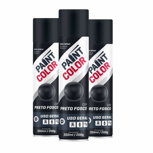 Tinta Spray Paintcolor Uso Geral Preto Fosco 350ml - 3 Peças