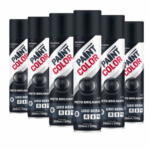 Tinta Spray Paintcolor Uso Geral Preto Brilhante 350ml - 6 Peças