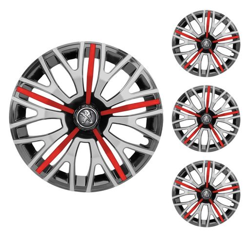 Jogo Calota Aro 13 Triton Sport Black Silver Red Universal + Emblema Resinado Peugeot