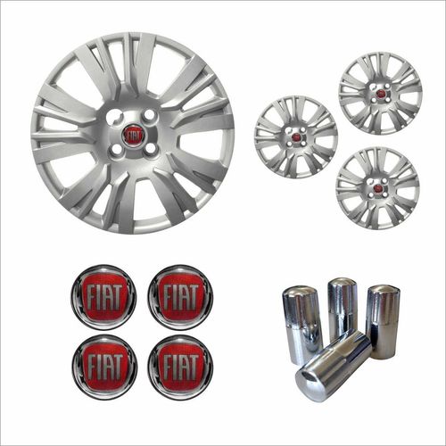Jogo Calota Aro 14 Palio Essence 2014 à 2016 Fiat + Emblema Resinado + Tampa Ventil Cromada