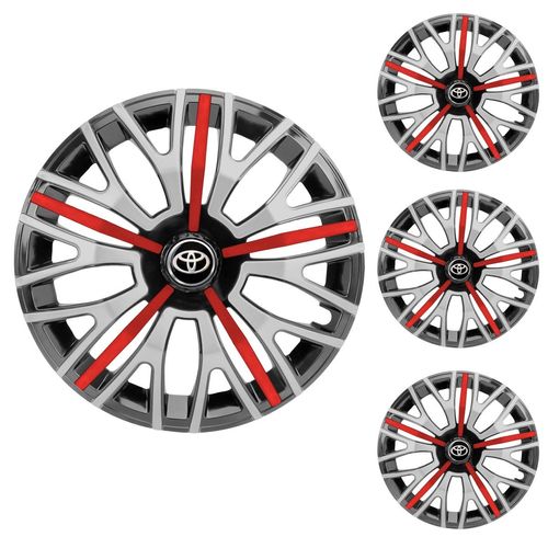 Jogo Calota Aro 14 Triton Sport Black Silver Red Universal + Emblema Resinado Toyota