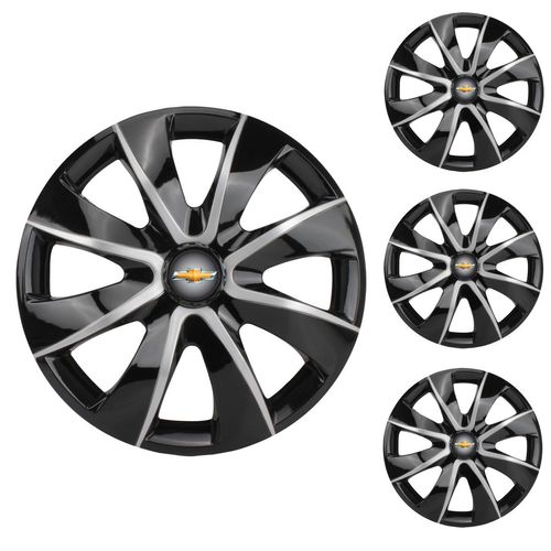 Jogo Calota Aro 14 Prime Black Silver Universal + Emblema Resinado Chevrolet GM