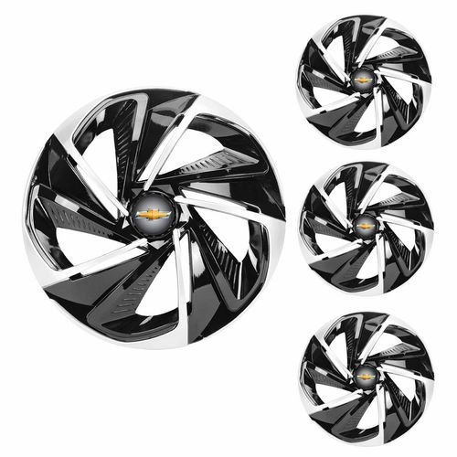 Jogo Calota Aro 14 Nitro Black Silver Universal + Emblema Resinado Chevrolet GM