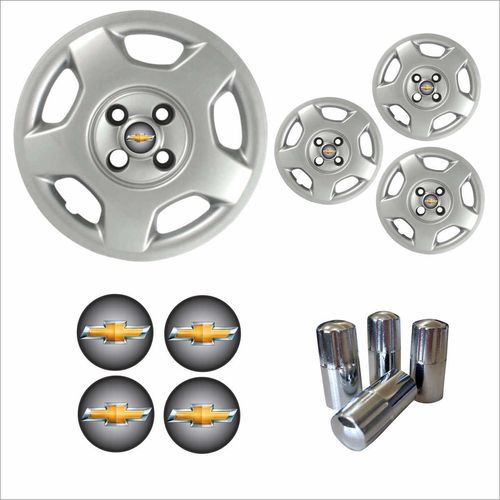 Jogo Calota Aro 14 Corsa Hatch Sedan 2004 Chevrolet GM + Emblema Resinado + Tampa Ventil Cromada