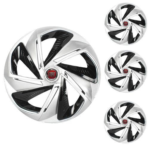 Jogo Calota Aro 14 Nitro X Silver Black Universal + Emblema Resinado Fiat