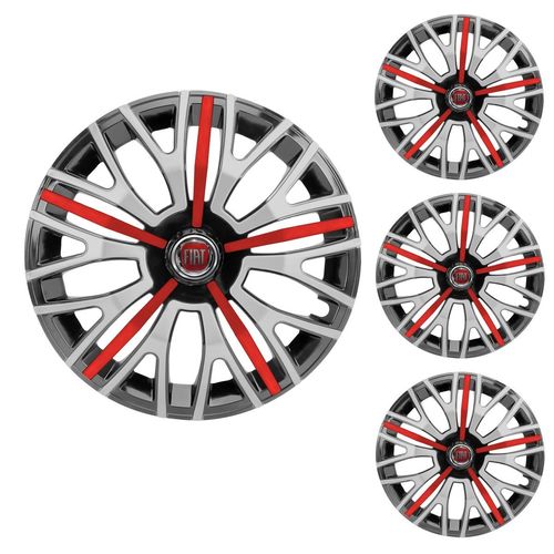 Jogo Calota Aro 14 Triton Sport Black Silver Red Universal + Emblema Resinado Fiat